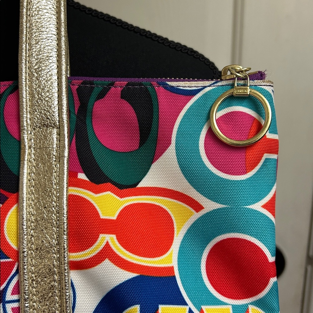 Coach Poppy Pop Gold Metallic Glitter Trim Tote Bag, 15”L x 14”H X 4”W - Picture 7 of 11